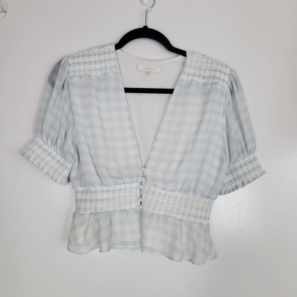 WAYF Light Blue Gingham Top with Smocked Waist Coquette Cute Short Sleeve Crop S - Picture 1 of 14